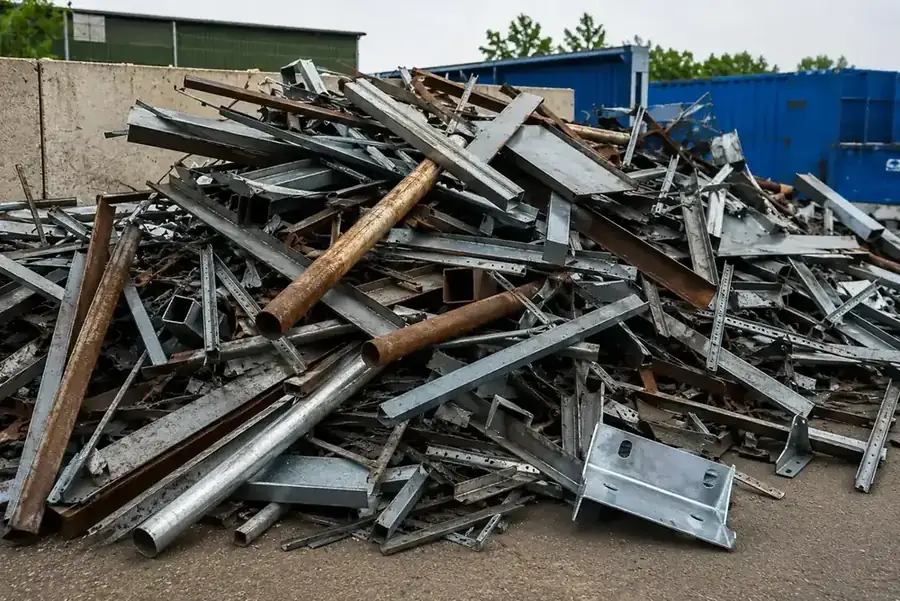 Sortierter Metallschrott mit Trägern, Profilen und Rohren aus einer Kellerentkernung zur Abholung bereit