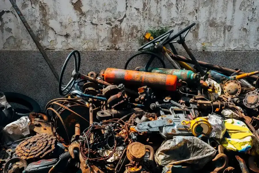Schrottankauf in der Nähe – gemischter Metallschrott mit Ventilen, Ketten und Zylindern auf dem Betriebshof
