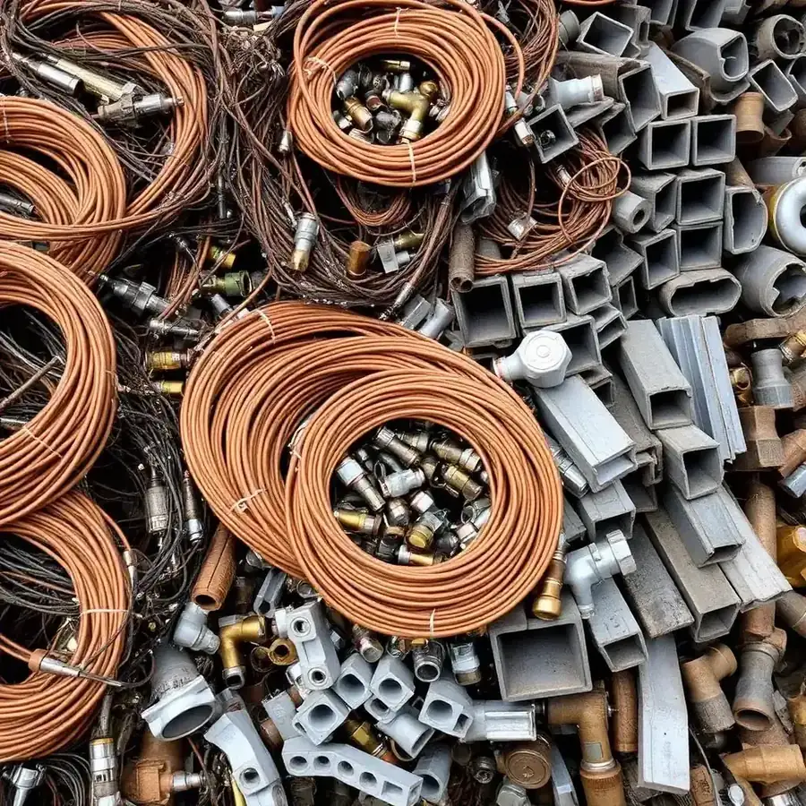 Sortierte Buntmetalle beim Schrotthändler – Kupfer, Messing, Aluminium